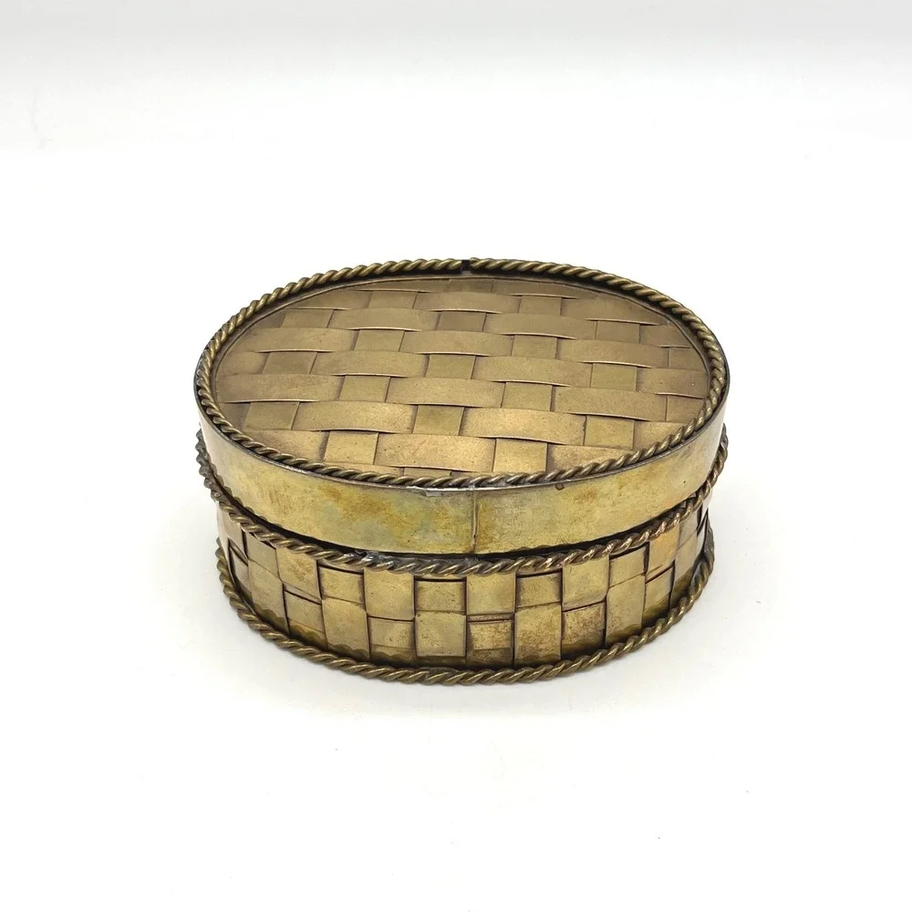 Vintage Brass‎ Woven Basket Trinket Jewelry Box Decorative Container Oval